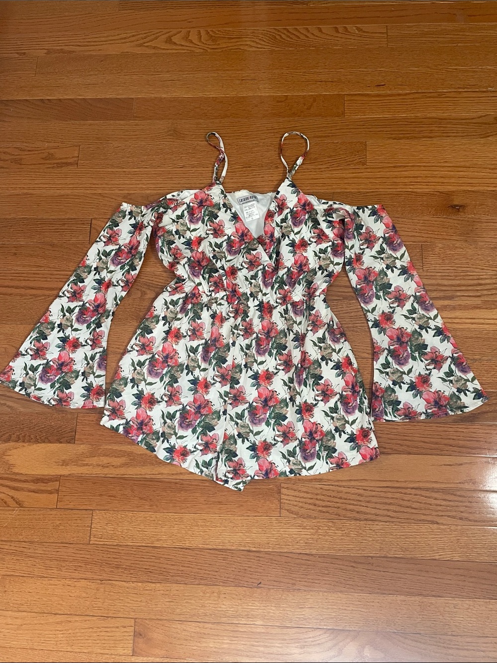 Fashion Nova Floral Off-Shoulder Romper in White, Pink & Green